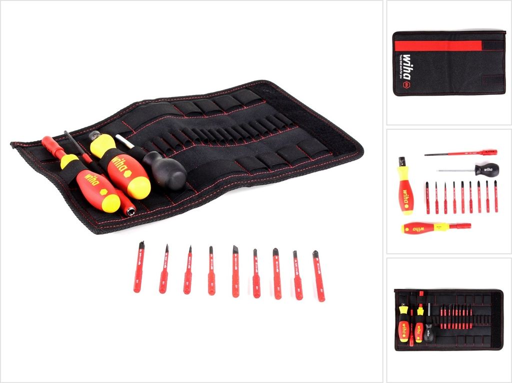 A set of screwdrivers laid out in a black roll-up case, with additional screwdrivers shown separately.