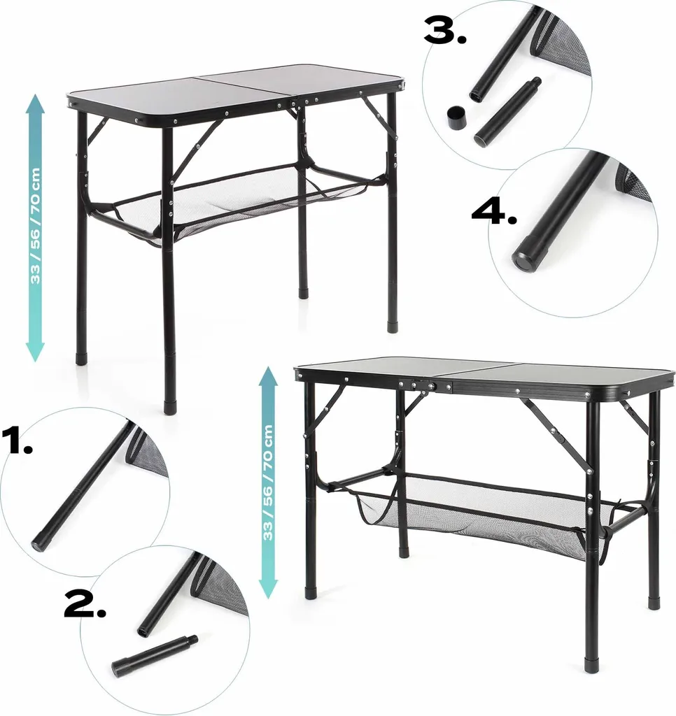 Table de camping stable réglable en hauteur pour sol irrégulier 80cm
