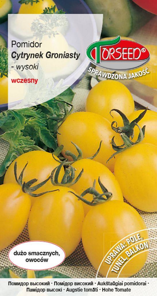 A package of tomato seeds with images of yellow cherry tomatoes.