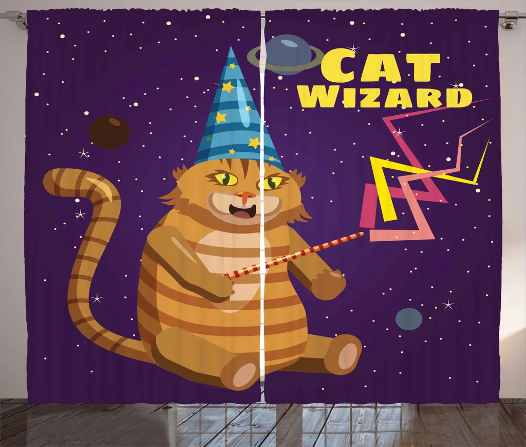Rideau chat sorcier humoristique en tissu quartz imprimé 280 x 225 cm