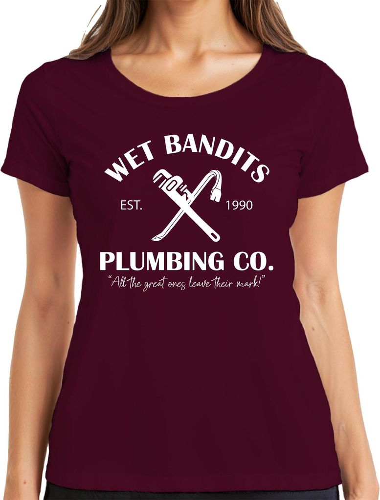 Wet Bandits Plumbing Co. Kevin Allein Zuhause Feuchte Banditen - Weihnachten Christmas Xmas Damen T-Shirt, Burgundy, M