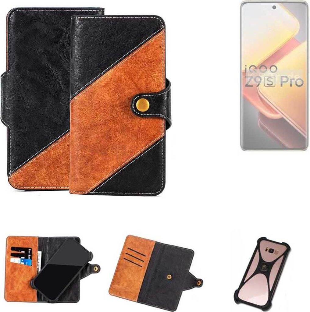 K-S-Trade Handyhülle Schutzhülle Bookstyle Case Wallet-Case kompatibel mit Vivo iQOO Z9s Pro Handy Cover Bumper Klapphülle schwarz hellbraun 1x