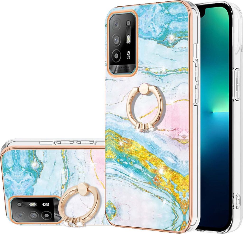 Hülle für Oppo A94 5G / A95 5G Muster TPU Silikon Stoßdämpfer Bumper Schutzhülle mit Ring Ständer Türkis
