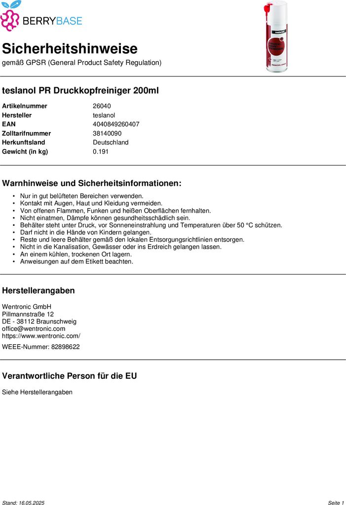 Teslanol 26040, Gerätereinigungs-Pumpspray, Drucker, 200 Produktbild 