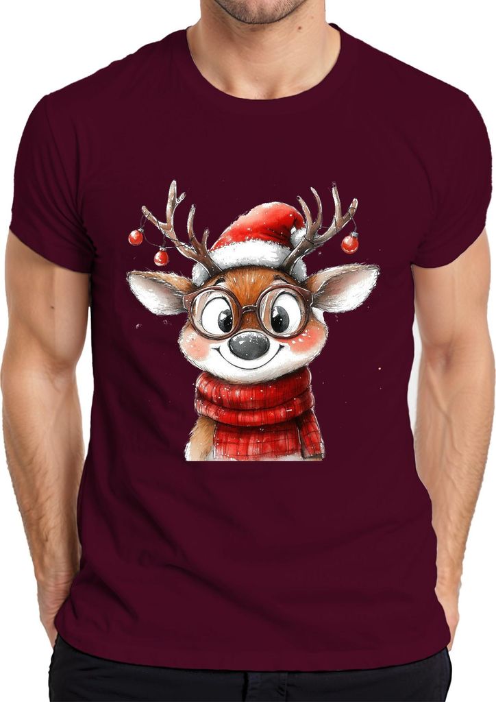 Weihnachtsrentier Brille roter Schal Kinder Geschenk Niedlich Herren T-Shirt, Burgundy, XXL