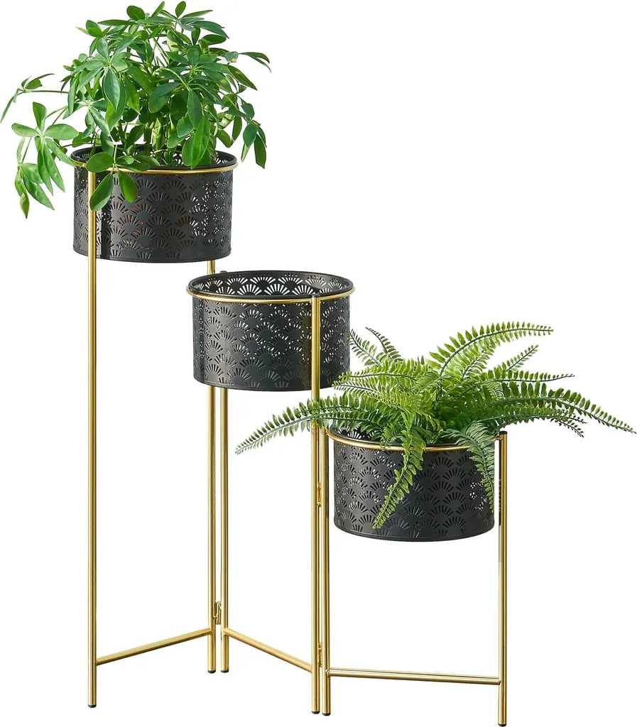 Cache-pot sur Pied en Métal Noir et Laiton - Set de 3 Jardinières Randi