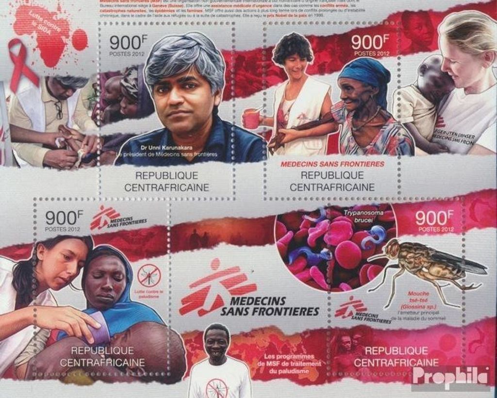 Briefmarken Zentralafrikanische Republik 2012 Mi 3607-3610 Kleinbogen (kompl. Ausgabe) postfrisch Ärzte ohne Grenzen