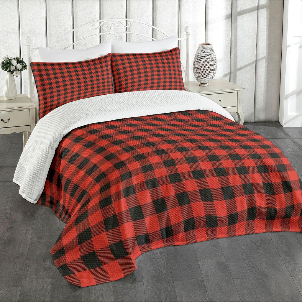 ABAKUHAUS Plaid Tagesdecke Set, Holzfäller-Mode Buffalo Style Checks Muster Retro-Stil mit Raster-Zusammensetzung, 220 x 220 cm, Orange Schwarz