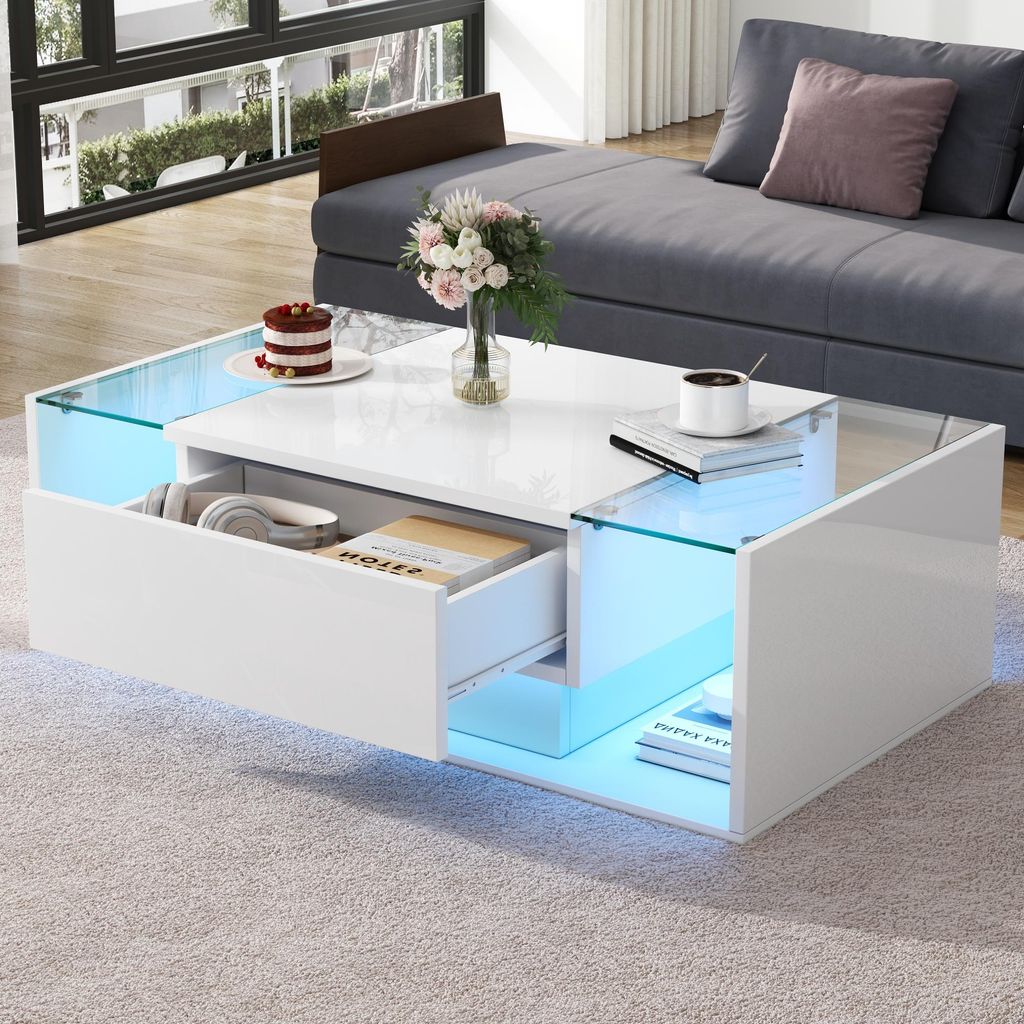 Sweiko 100x50x31cm Couchtisch,kaffetisch mit 1 Schublade und LED-Lichtleiste, Beistelltisch aus gehärtetem Glas,Hochglanz-Sofatisch,weißer Wohnzi...