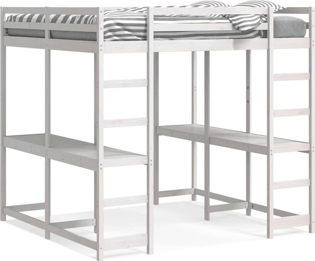 vidaXL Hochbett mit Schreibtisch & Leiter Weiß 160x200 cm Kiefernholz