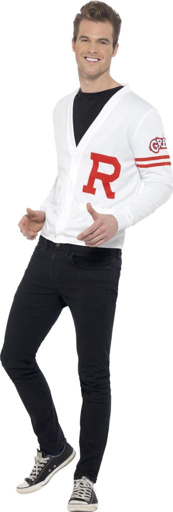 A man wearing a Grease-themed costume.