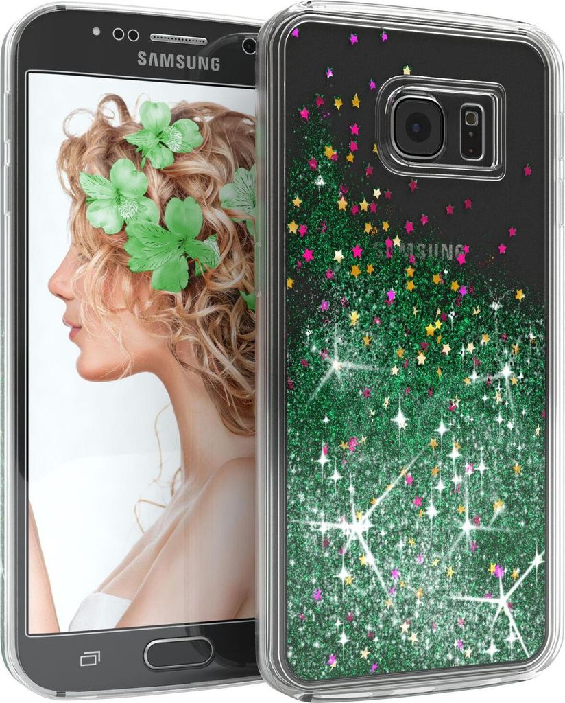 EAZY CASE - Glitzer Hülle kompatibel mit Samsung Galaxy S6 Edge Glitzer Schutzhülle, Soft Case, Backcover Transparent mit Motiv