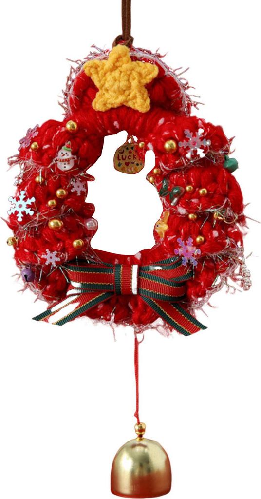 Weihnachtskranz zum Aufhängen, gehäkelt, Weihnachtsbaum, Auto-Rückspiegel, zum Aufhängen, handgefertigt, Kranz, Glocke, Ornament, Feiertags-Par...