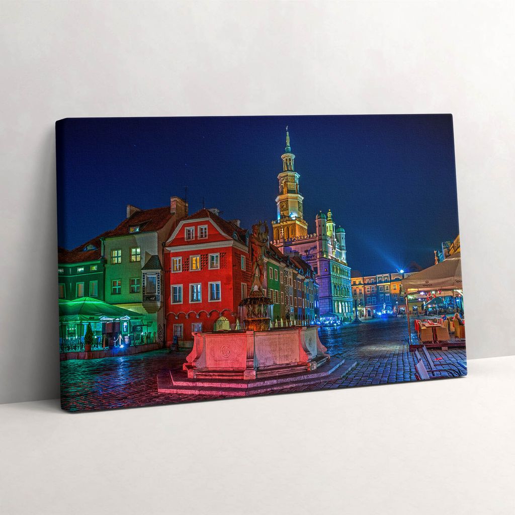 Marktplatz in Poznań bei Nacht – Leinwandbild Wandbild – 60x40 cm – Leinwandbilder – Wandbilder – Schlafzimmer – Flur