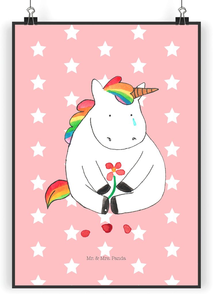 Mr. & Mrs. Panda Bild Einhorn Traurig DIN A5 - Rot Pastell - Geschenk, drucke, Liebe, Wandbild, Blume, Unicorn, Freunde, Plakat, Kunstdruck, wandde...