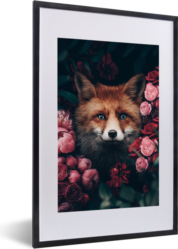 MuchoWow Gerahmtes Poster Fuchs - Blumen - Tiere 40x60 cm - Poster mit Schwarzem Bilderrahmen Wandposter Rahmen Foto Bilder - Poster in Rahmen