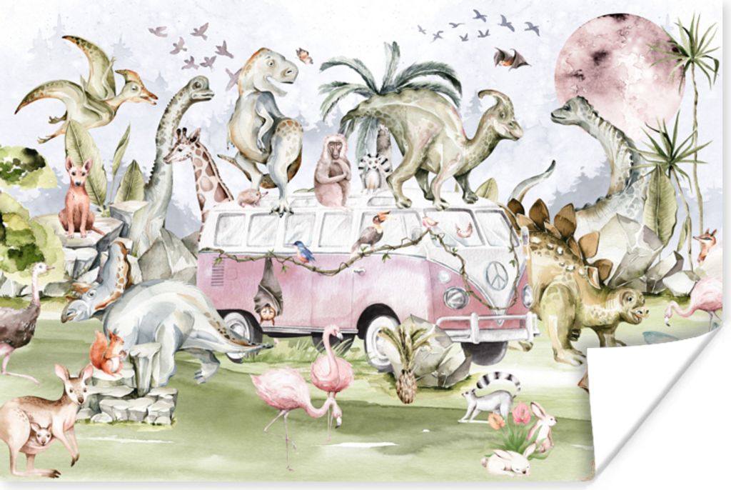 MuchoWow Poster Dinosaurier - Kinder - Bus - Bäume - Tiere - Kinder 60x40 cm - Schlafzimmerdekoration