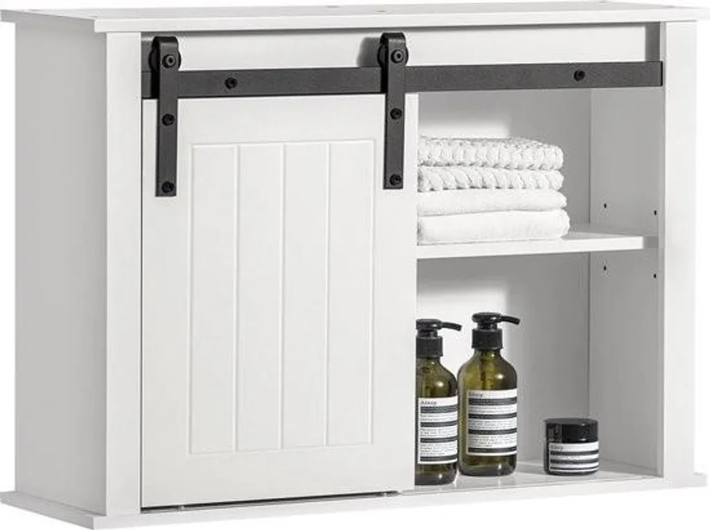 Armoire Haute de Bain Mara en MDF Blanc, Porte Coulissante Gain de Place