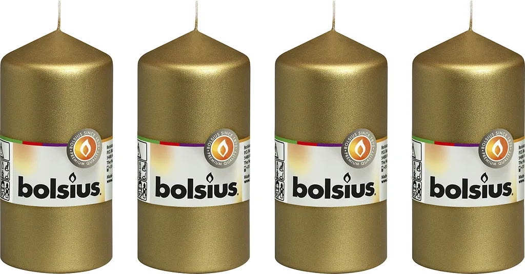 Lot de 4 bougies piliers dorées - Hauteur 12 cm et Diamètre 5,8 cm