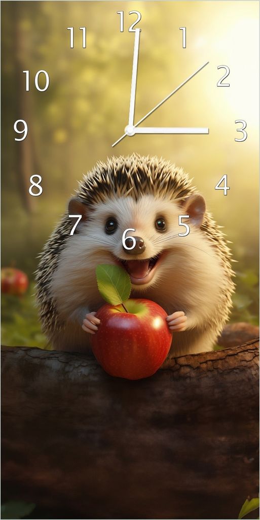 Wallario Design Wanduhr Lächelnder Igel mit Apfel aus Echtglas, Größe 30 x 60 cm