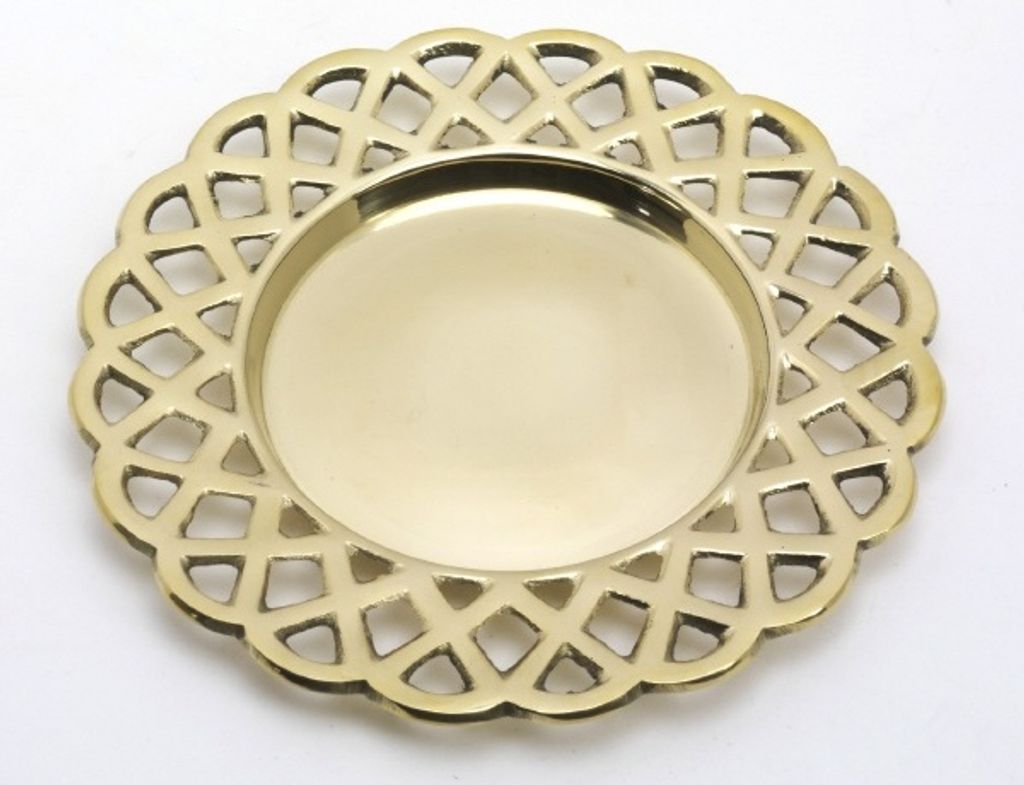 Kerzenteller, Dekoteller Waffelrand Messing Gold poliert (Innen Ø 8 cm, Außen Ø 14 cm)