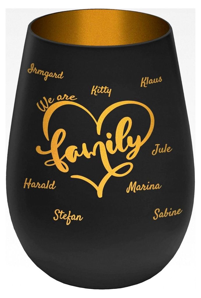 Personalisierbares Windlicht für Familien in Schwarz/Gold aus Glas mit Gravur und Namen – Motiv 'We Are Family' – Geschenk für die Familie: E...