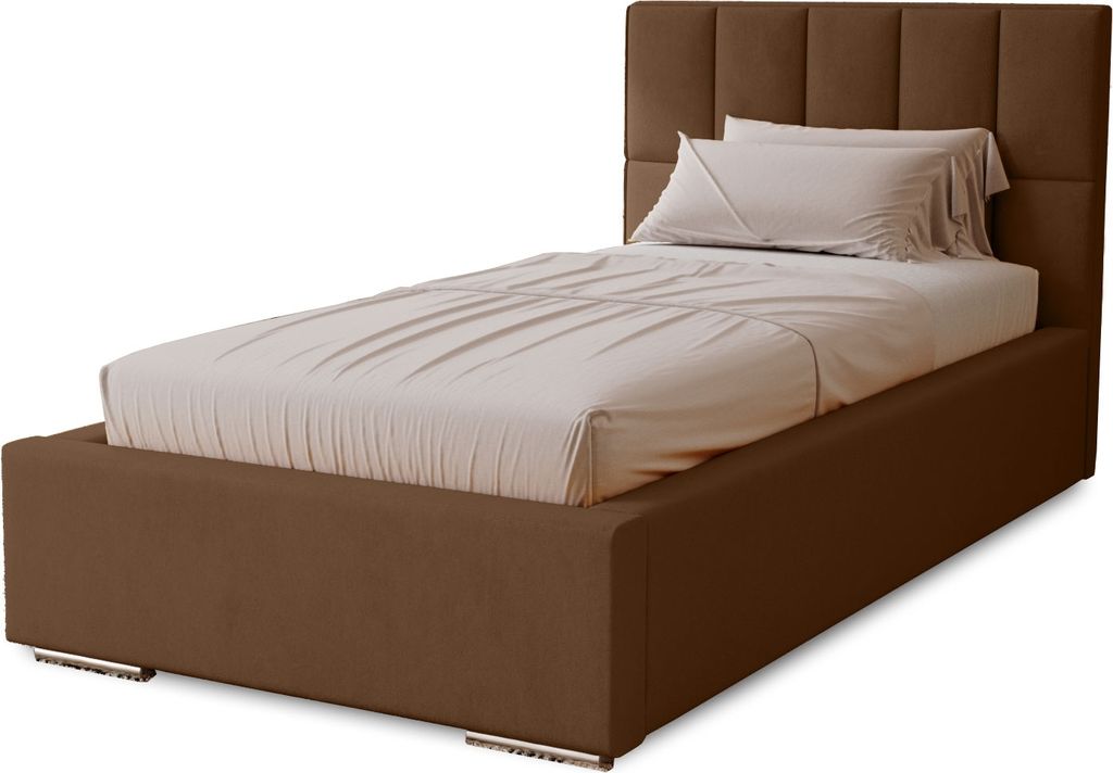 Polsterbett Dream 90x200 cm, Bett mit Kopfteil, Doppelbett mit Bettkasten, Lattenrost und Matratze aus Holz, Velourstoff: Dunkelbraun