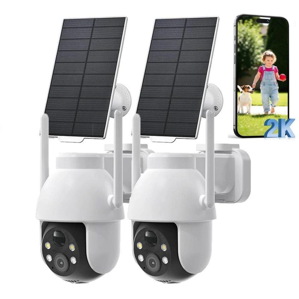 2K Solar Überwachungskamera Aussen Akku Kamera Outdoor mit 360°Überwachung Automatischer Personenverfolgung Farbe Nachtsicht Licht und Tonalarm 2PC