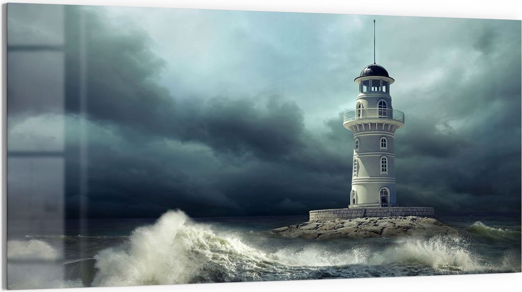 DEQORI Glasbild Acryl 100x50 cm 'Leuchtturm im Sturm' Wandbild Bild modern Deko