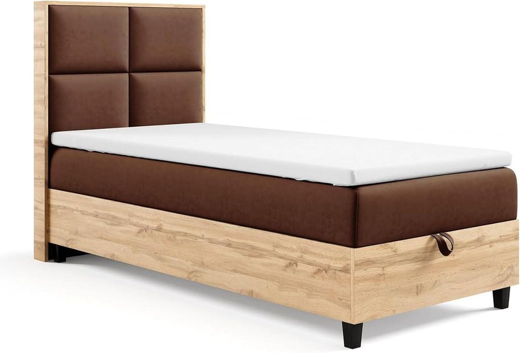 Trinity K-2 Einzelbett 90x200 Braun| Boxspringbett mit Bettkasten | Bonellfederkern & Topper | Polsterbett mit Kopfteil | Lieferung Bordsteinkante
