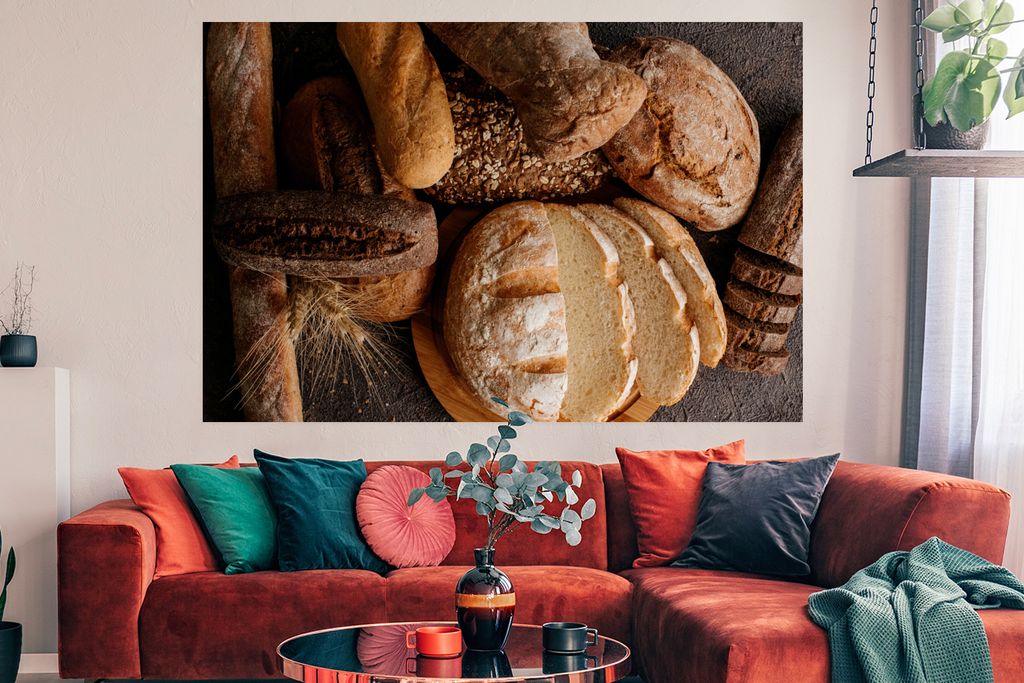 MuchoWow Poster Frisch gebackenes Brot auf einem Holztisch 180x120 cm - Fotoplakat