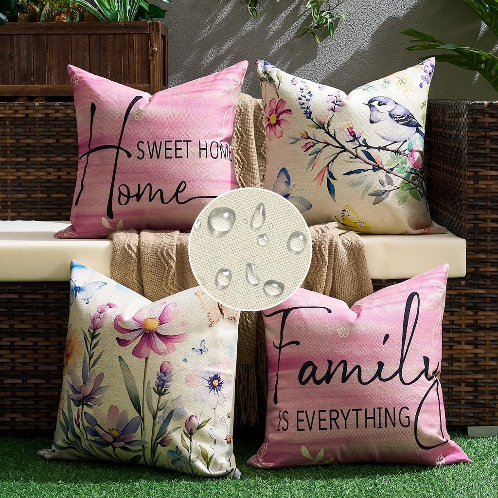 4er-Set Kissenbezüge, 45 x 45 cm, wasserabweisend, Frühling/Sommer, Landhausstil, Leinenmuster mit Blumen und Vögeln, ideal für Balkon, Terrass...