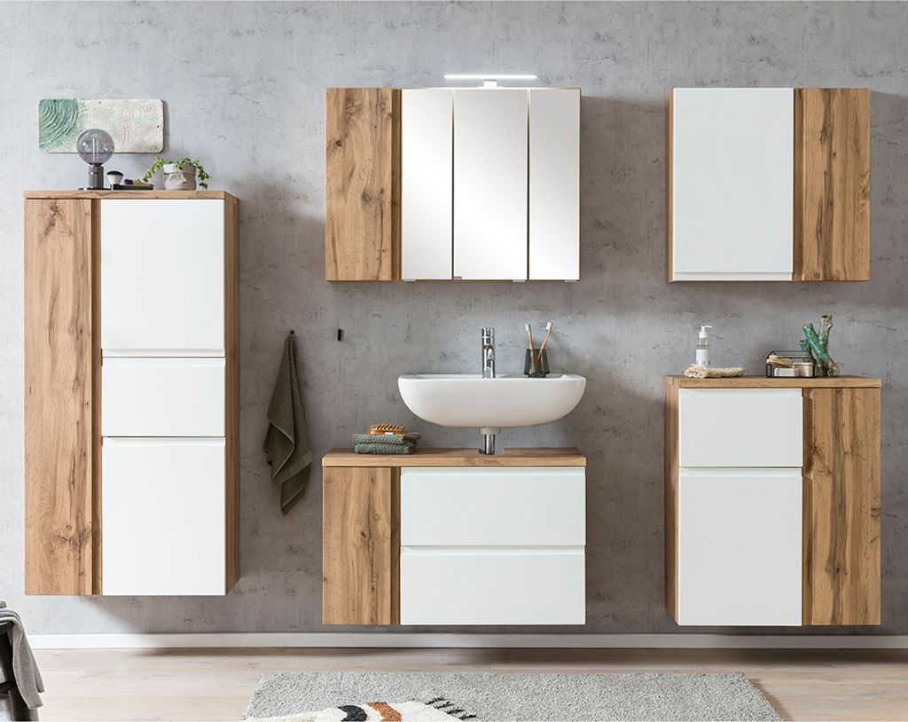 Badmöbel Set mit Midischrank, stehend oder hängend, in Wotan Eiche Nb. mit weiß matt, VASTO-03-WHITE, B/H/T ca. 245/200/35 cm