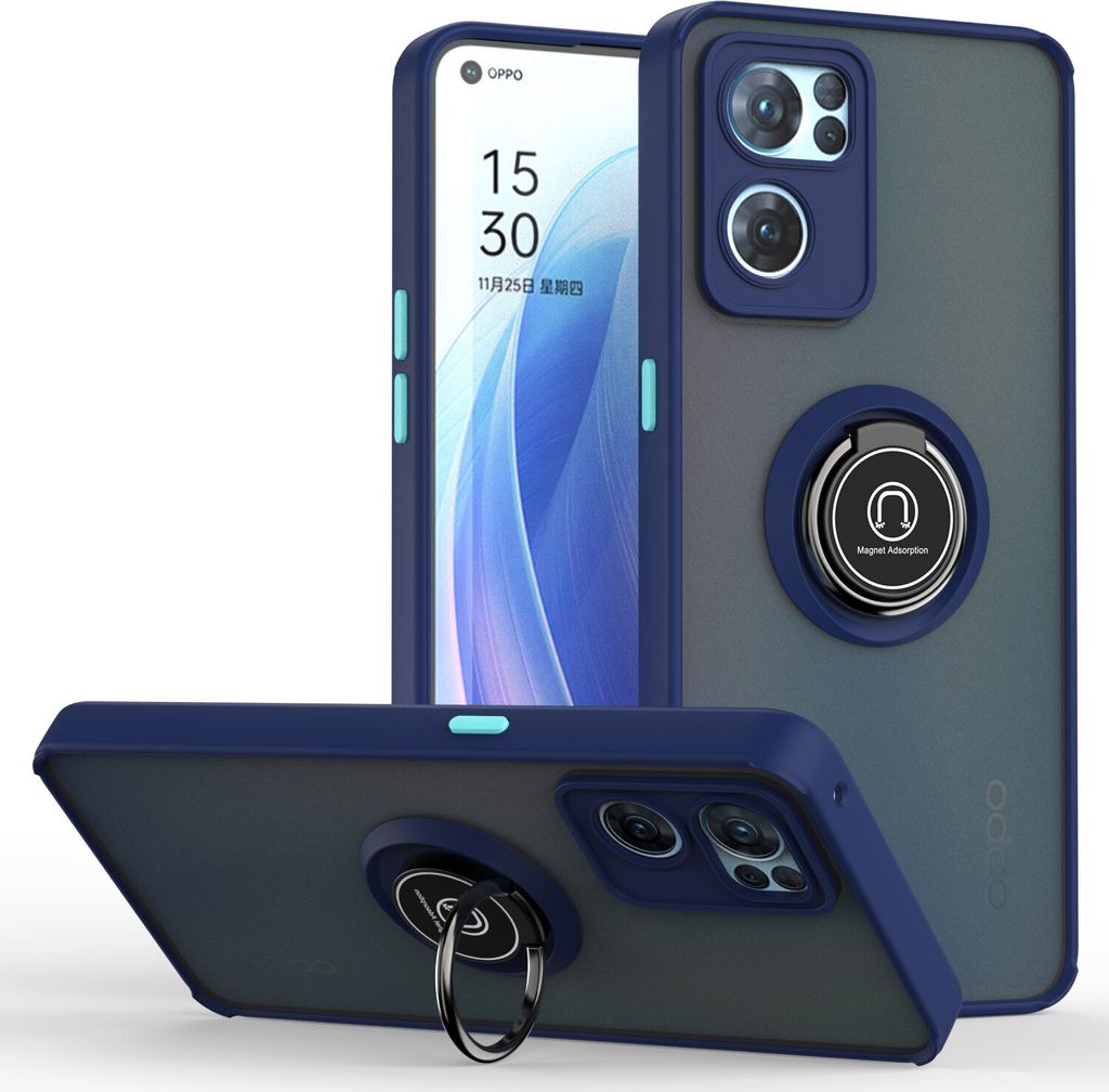 OPPO Reno7 5G Hülle, Ring Halter Ständer Matte Transluzent TPU Rahmen Stoßfest Schutzhülle für OPPO Reno7 5G Blau