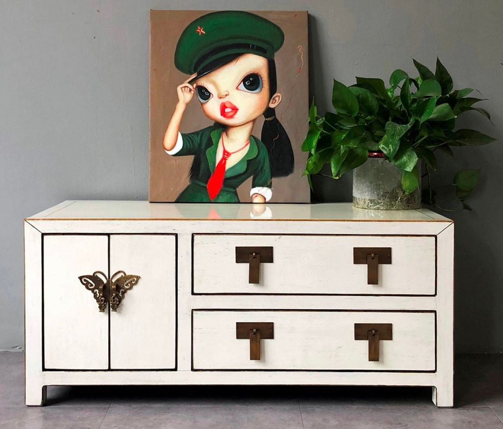 OPIUM OUTLET Asiatische TV Kommode Schrank Sideboard Lowboard Möbel aus China orientalisch chinesisch fernöstlich Holz Creme Beige