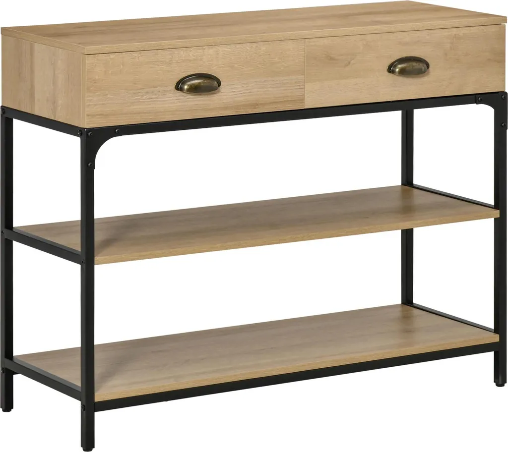 Console 2 Tiroirs 2 Niveaux en Bois de Chêne et Acier Noir 100 cm