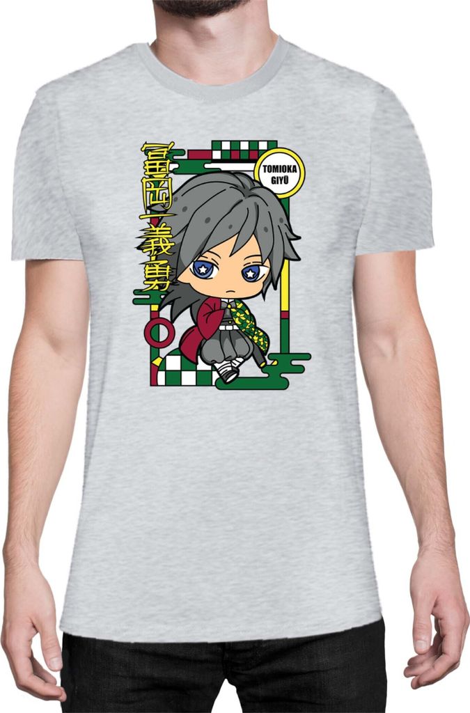 Herren T-Shirt Demon Anime Slayer Kimetsu No Yaiba Chibi Giyu Tomioka, Man 3XL / Grau