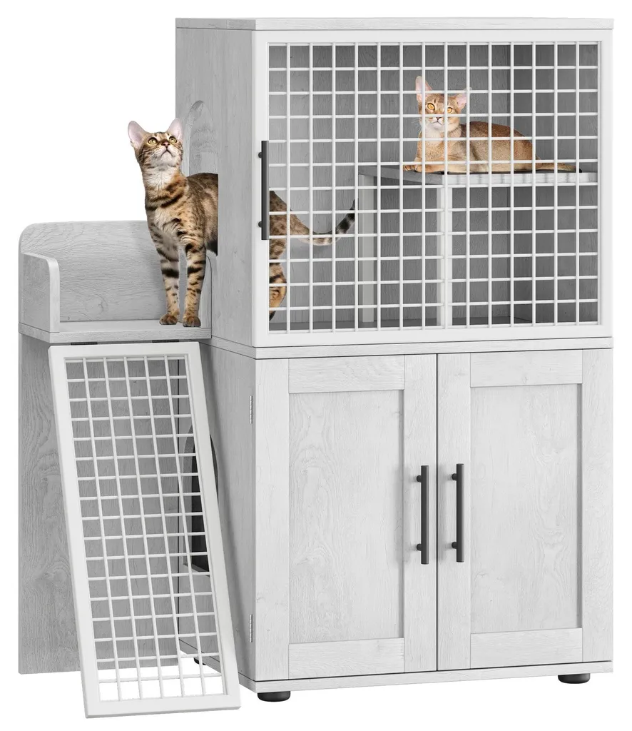 Armoire pour bac à litière à un étage blanc - Meuble moderne pour chat