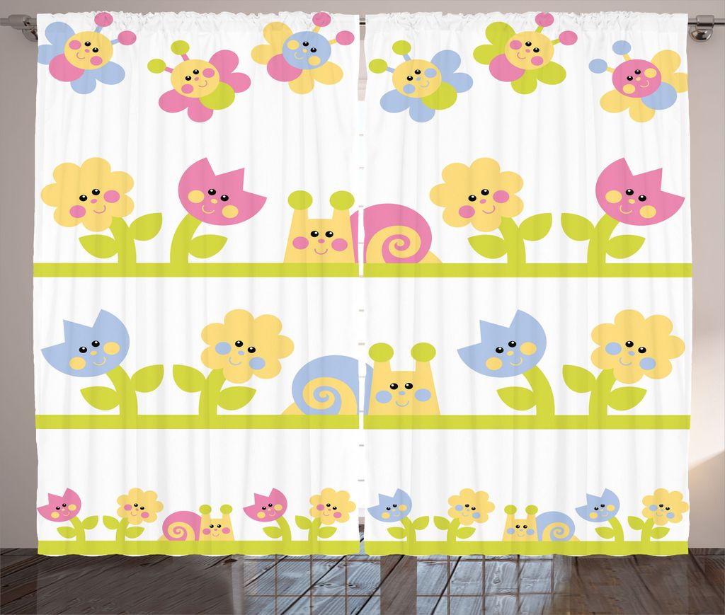 ABAKUHAUS Tulpe Rustikaler Gardine, Bunter Karikatur-Garten, Schlafzimmer Kräuselband Vorhang mit Schlaufen und Haken, 280 x 225 cm, Hellgrün Bab...