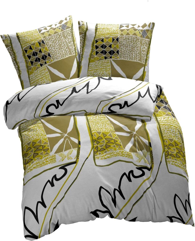 A neatly folded duvet and two pillowcases with a geometric and abstract pattern.