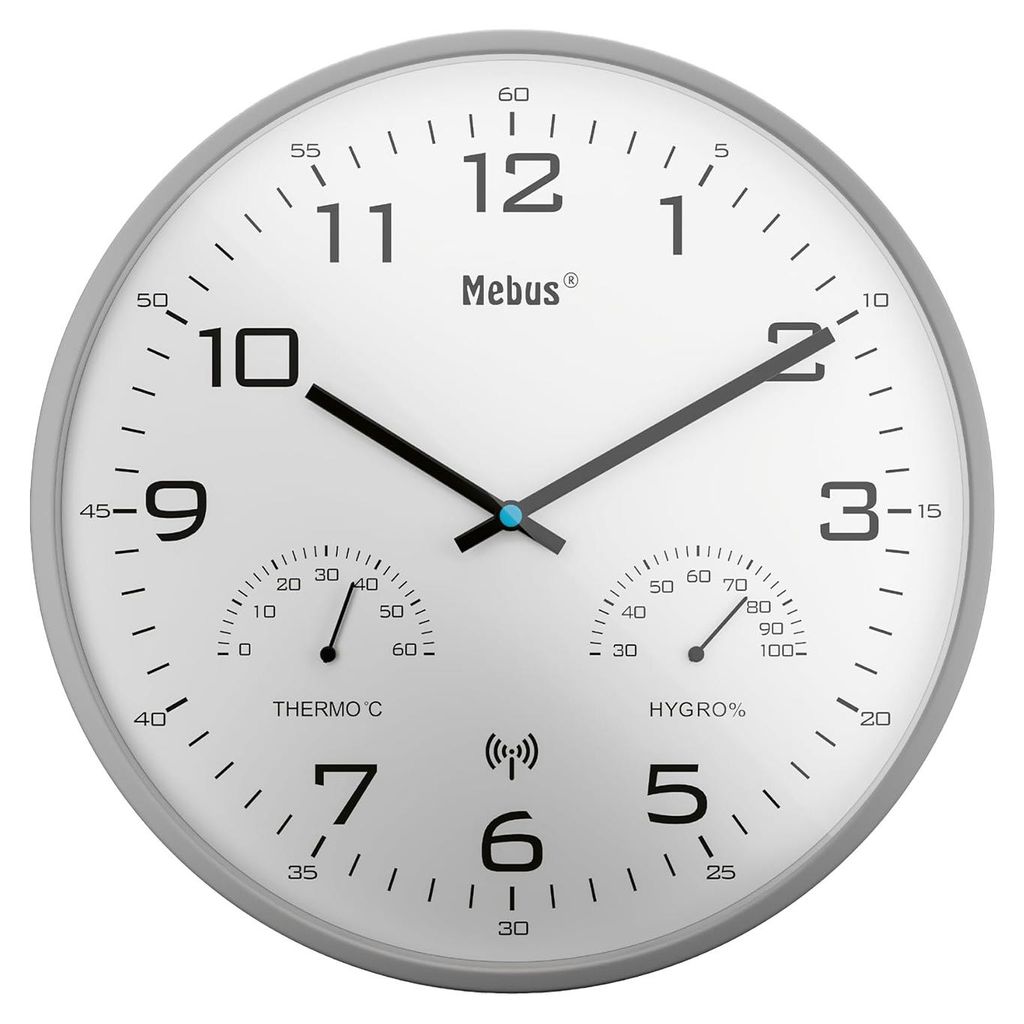 Mebus Funk-Wanduhr mit Thermometer/ Hygrometer, silber-grau Produktbild 