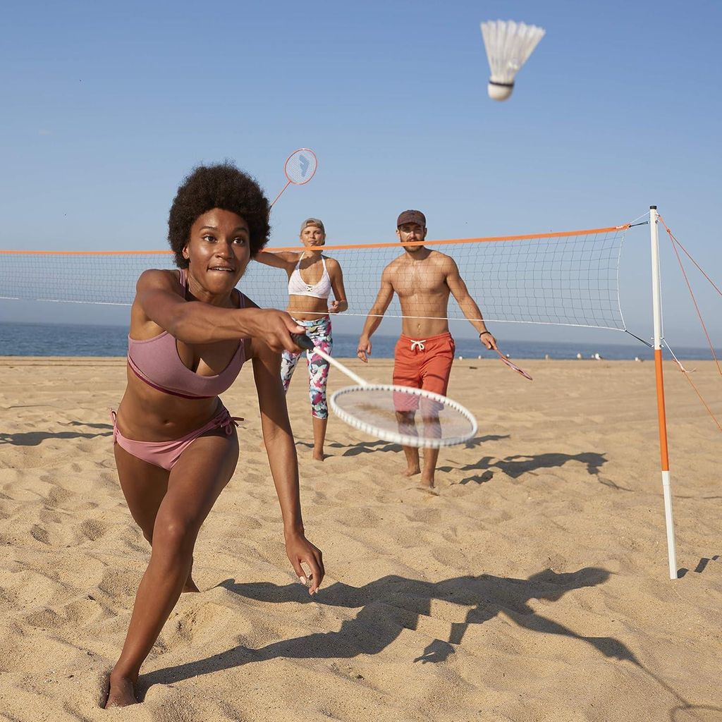 Badmintonnetsets für Außenaktivitäten - Komplettes Badmintonnetz für Garten und Strand - Inklusive 4 Schlägern, 2 Federbällen und tragbarem N...