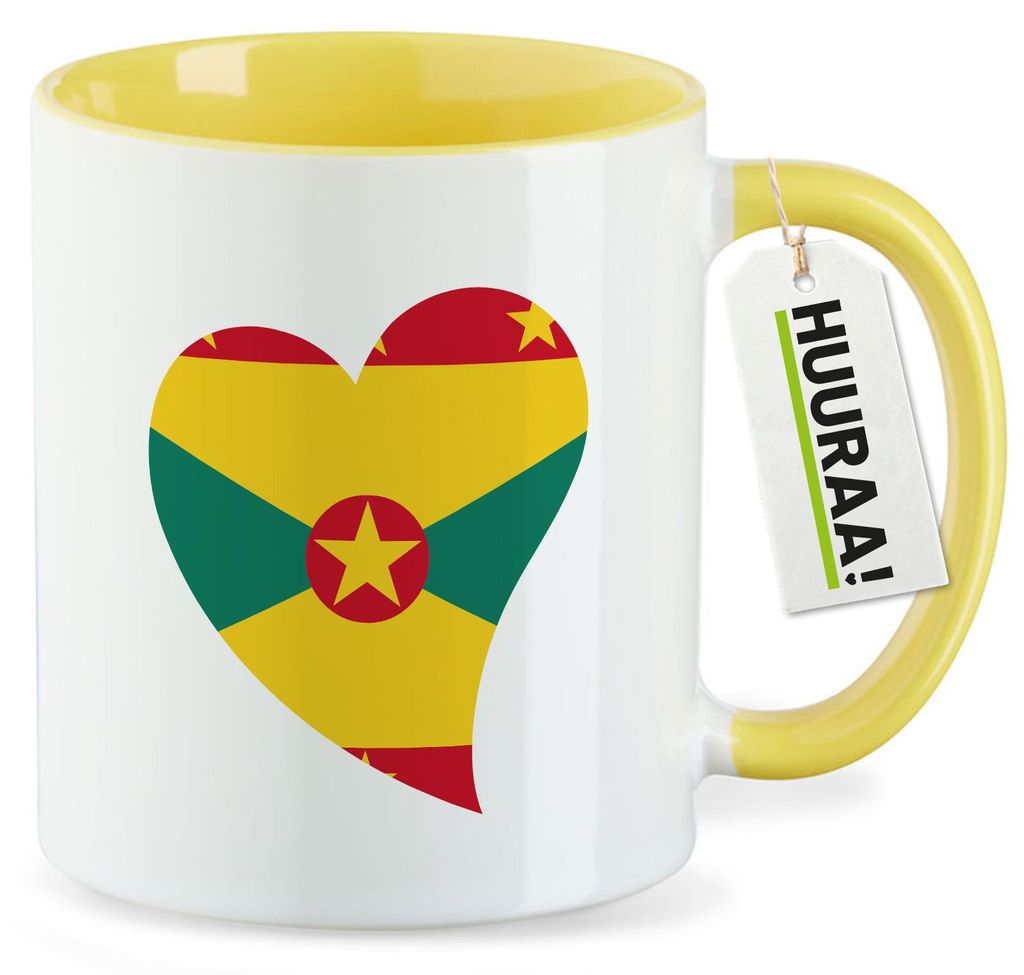 Huuraa Kaffeetasse Grenada Flagge Herz 330ml Gelb Keramik Kaffeebecher Geschenkidee