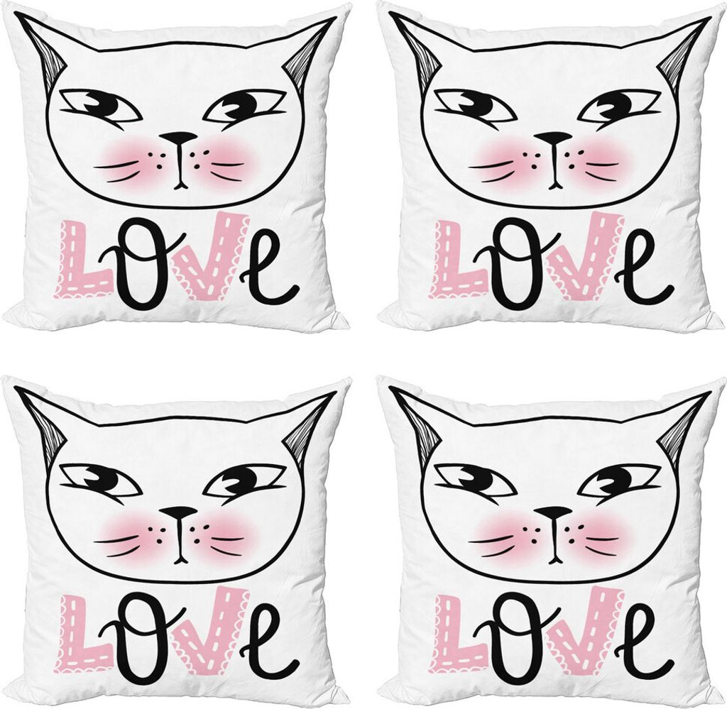ABAKUHAUS Katze Kissenbezug Set (4 Stück), Kitten Gesicht und Liebe Typografie, Moderner Doppelseitiger Digitaldruck, 60 cm x 60 cm, Pale Pink Dun...