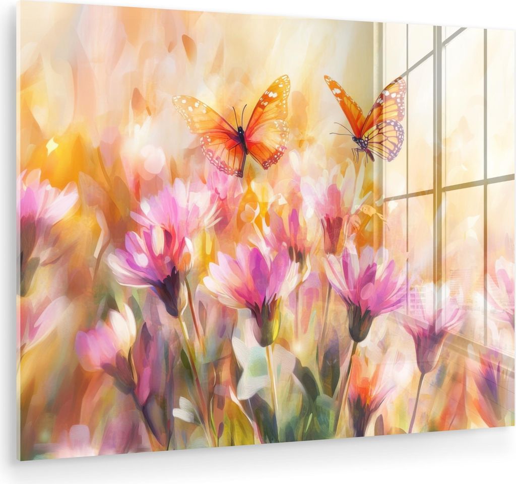 MuchoWow Glasbilder - Bilder auf Wandbild - Foto auf Glas Schmetterlinge - Orange - Blumen 80x60 cm Wanddekoration aus Glas - Acrylglasbild - Acryl...
