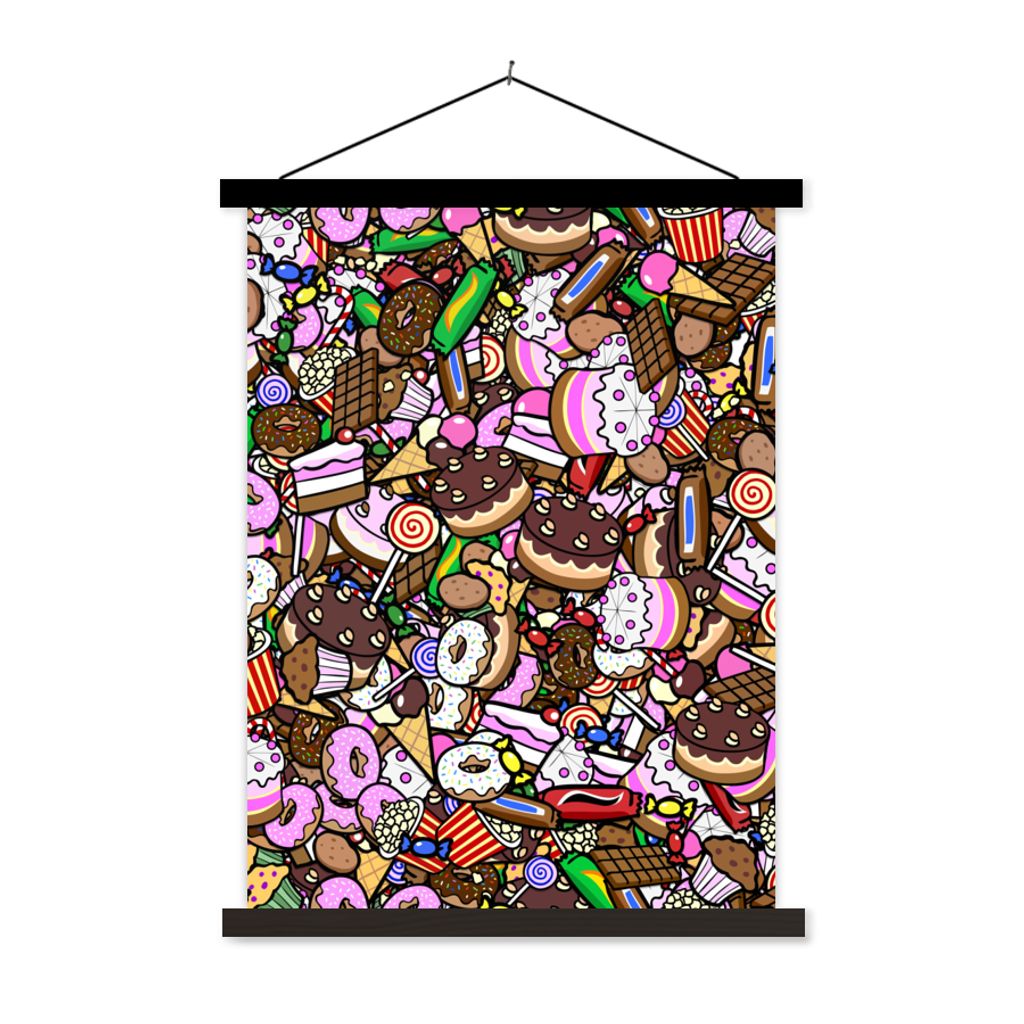 MuchoWow Textilposter Süßigkeiten - Design - Schokolade - Kuchen - Lutscher - Kinder 40x53 cm mit schwarzem Rahmen - Abbildung