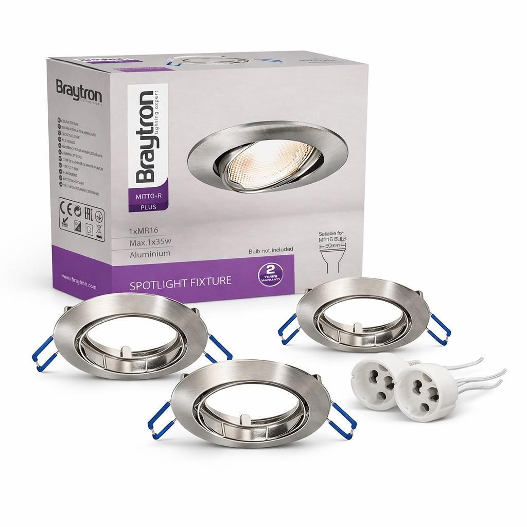 Braytron 3er Set Einbaustrahler Nickel GU10 – Einbaurahmen Rund für LED Spots, inkl. GU10 Fassung, 30° schwenkbar, Deckenspot Einbauleuchte Ø6...