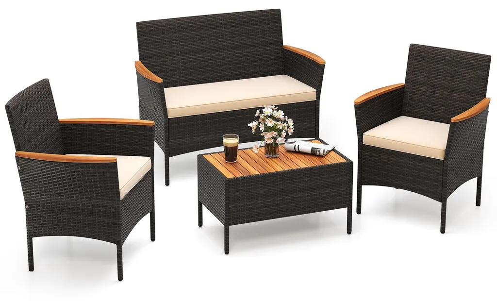 Salon de jardin COSTWAY en polyrotin avec banquette et 2 fauteuils chic