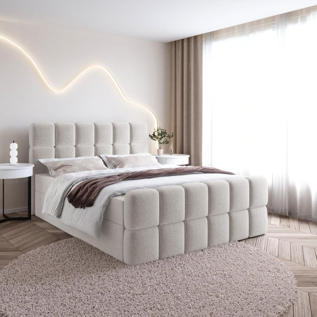 Bett Boxspringbett LESA ohne Topper mit Bettkästen - Doppelbett, Stauraum, Schlafzimmer, Polsterbett, Bettgestell (180x200, Creme - Fredo 15)