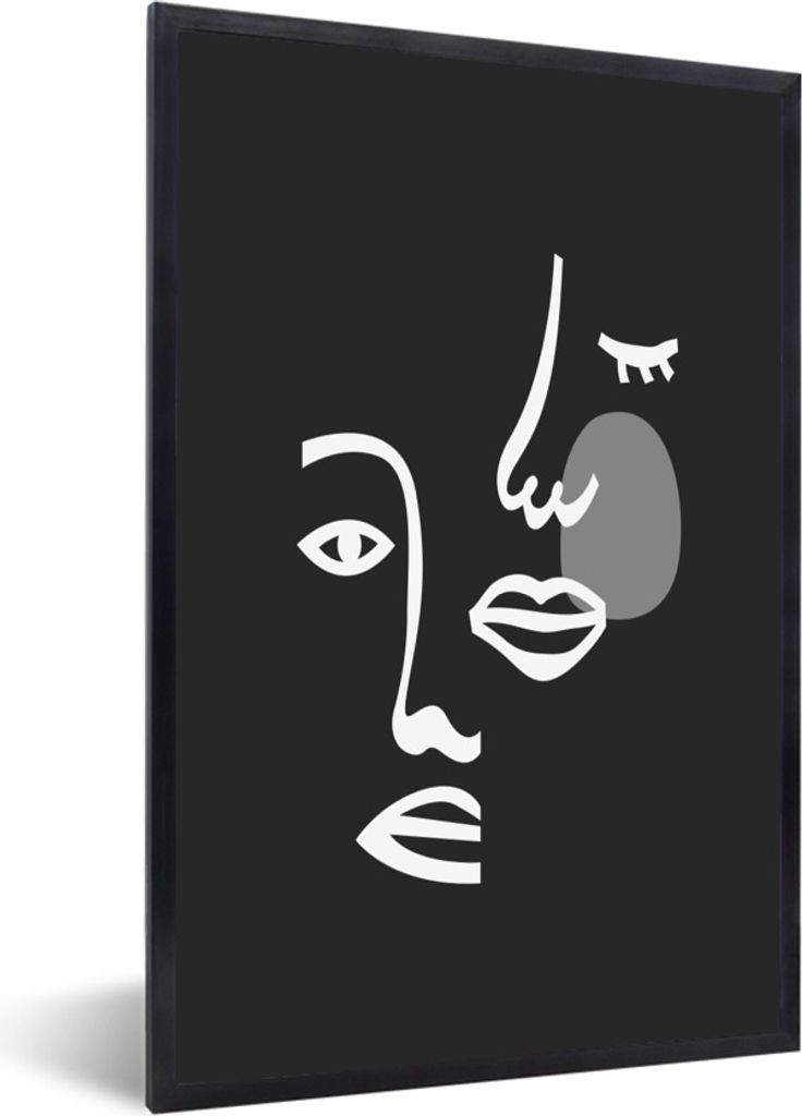 MuchoWow Gerahmtes Poster Illustration - Gesicht - Schwarz - Weiß 40x60 cm - Poster mit Schwarzem Bilderrahmen Wandposter Rahmen Foto Bilder - P...